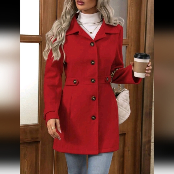Women's Buttoned Notched Lapel Casual Woolen Overcoat With Slanted Pockets